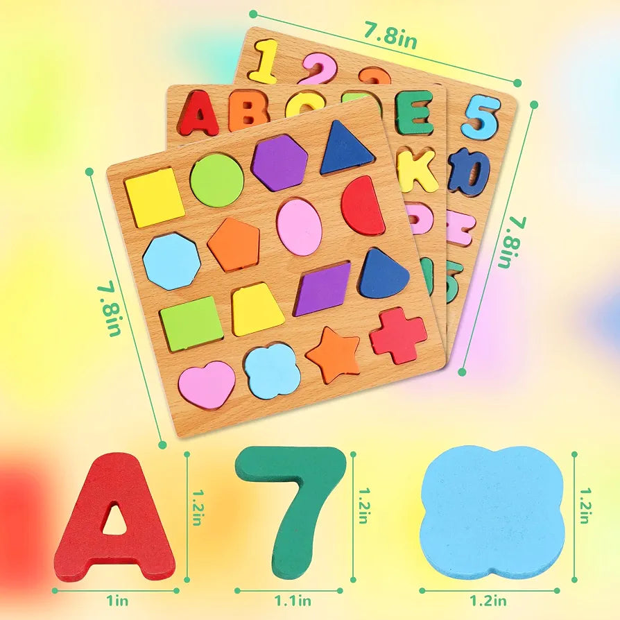 Wooden Puzzle 3-Set – Shapes, Alphabet & Numbers