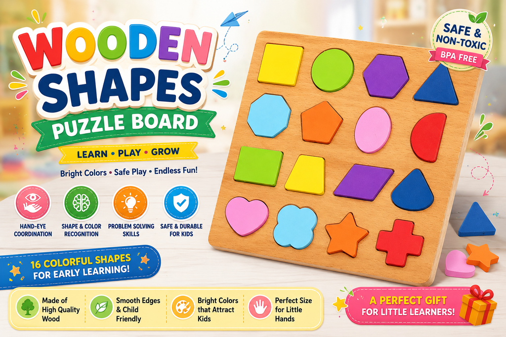 Wooden Shapes Puzzle Board – 16 Shapes